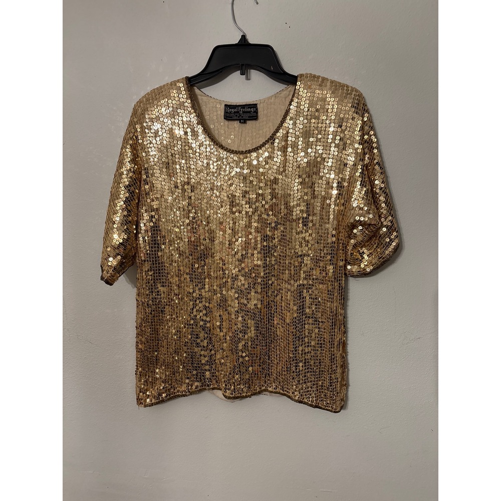 Royal Feelings Sequin Top Women Medium Gold Good Silk Beaded Vintage Glam